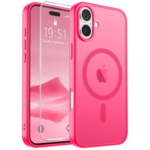 Image of SUPFINE Magnetic for iPhone 16 Plus Case(Compatible with MagSafe) (Military Grade Drop Protection) Slim Translucent Matte Shockproof with Anti-Fingerprint Phone Case,Hot Pink