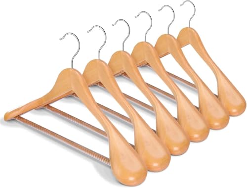 ADTZYLD Luxury Wide Shoulder Wooden Hangers with Extra-Wide Shoulder,6 Pack Wood Coat Hangers for Jacket Outerwear Shirt Hanger 360 Degree Swivel Hooks Anti-Slip Bar with Screw (Natural)