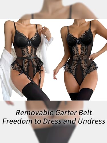 Image of Lilosy Sexy Stocking Lace Mesh Bodysuit Top Underwire Garter Lingerie Set 3 Piece