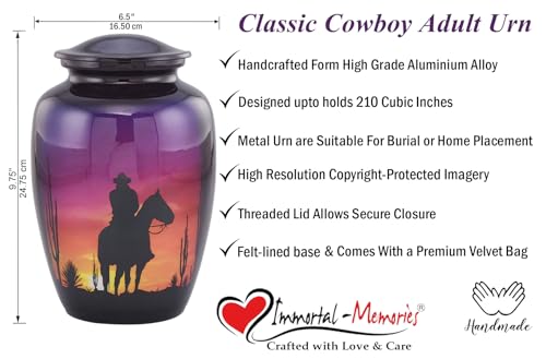 Image of Cowboy Cremation Urn for Human Ashes - Western Sunset Horse & Rider Urn - Beautiful Adult Funeral & Memorial Urn up to 210 lbs with Velvet Bag (Large)