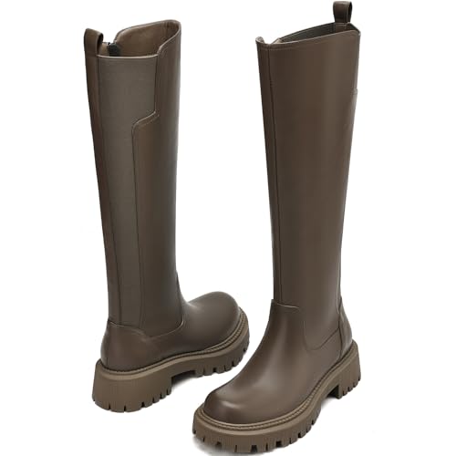 Image of TEAIEU Knee High Boots for Women, Platform Chunky Block Low Heel Tall Boots, Round Toe Side Zipper Fall Long Boots for Dress, Stretch Calf, Comfortable