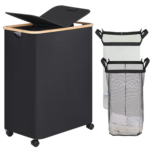 Image of efluky 2 Section Laundry Basket with Wheels and Lid, Double Rolling Laundry Hamper with Bamboo Handles and Removable Bag, 2 Compartment Dirty Clothes Hamper on Wheels for Laundry Room Organizer, Dorm