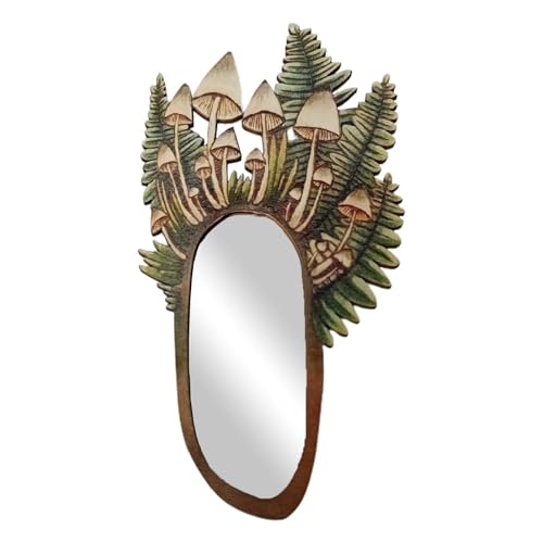 Espejo De Bosque De Setas De Madera: Acabado Rústico Hecho A Mano, Marco Asimétrico Decorativo, Obra De Arte Botánica Caprichosa, Acento Estético Para Colgar En La Pared | Para Pasillo, Tocador, Tocad
