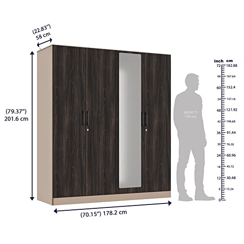 Image of Wakefit Wardrobe | 1 Year Warranty | Engineered Wood Almirah, Cupboard for Clothes Storage | 4 Door, Mirror, 4 Shelves, 2 Drawers, 2 Trays, 2 Hanging Space | Cashmere Plus - Frappe-Wyoming Maple