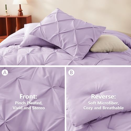 CozyLux Queen Comforter Set Lavender, 7 Pieces Pintuck Bed in A Bag, Premium Light Purple Comforter Queen Size, Pinch Pleat Bedding Sets with Comforter, Sheets, Pillowcases & Shams