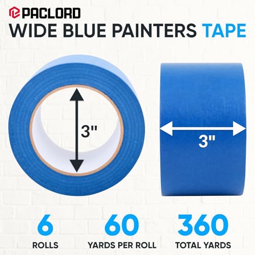 Image of 3 inch x 60 Yard Blue Paper Tape (Pack of 6) - Multi-Purpose Painter's Masking Tape for Home and Professional Use - for Painters, Construction, or DIY Crafts - Smooth and Easy Removal