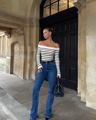 OQQ Women Off The Shoulder Knit Top Tide Striped T-Shirts Fitted Basic Tee 2025 Crop Tunics2