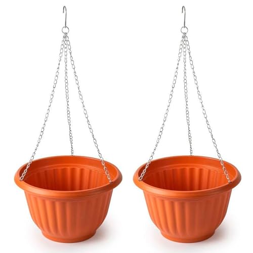 Tradineur - Pack de 2 macetas Redondas Colgantes, plástico, Tiesto, macetero, Recipiente para Plantas, Flores, balcón, terraza, hogar, Fabricada en España (Marrón - 25 x 15 cm)