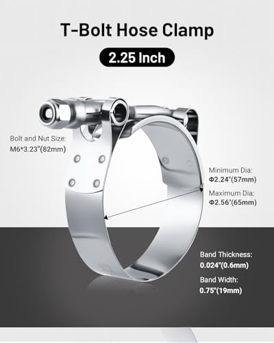 Image of EVIL ENERGY 2.25 Inch T-Bolt Hose Clamps, Stainless Steel 304 Turbo Intake Clamps, 57-65mm Adjustable Range for 2-1 /4 inch Hose ID, Intercooler Radiator Pipe Clamps for Silicone Coolant Hoses, 4PCS