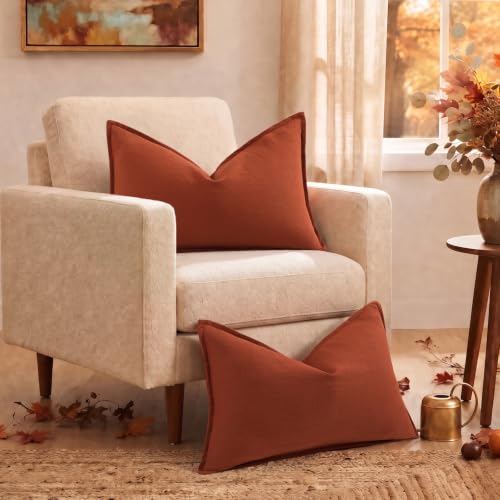 Image of decorUhome Fall Rust Linen Throw Pillow Covers 12x20 Set of 2 | Decorative Soft Cozy Modern Farmhouse Boho Accent Pillow Cases with Flange Edges for Couch Bed Sofa Living Room Home Decor