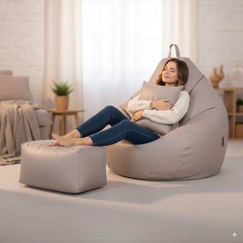 Image of 4XL Premium Leatherette Bean Bag with Rectangular Footrest & 16x16 Inch Cushion | High Density Beans Filled | Side Pocket & Easy to Carry Handle | 6 Months Warranty Color- (Beige, 4XL)