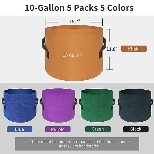 HAOWIN 400G Thickest 5-Pack 10 Gallon Grow Bags, Thickest Fabric Pots, Colorful Plant Grow Bags, Plant Labels Included Potato Growing Bags