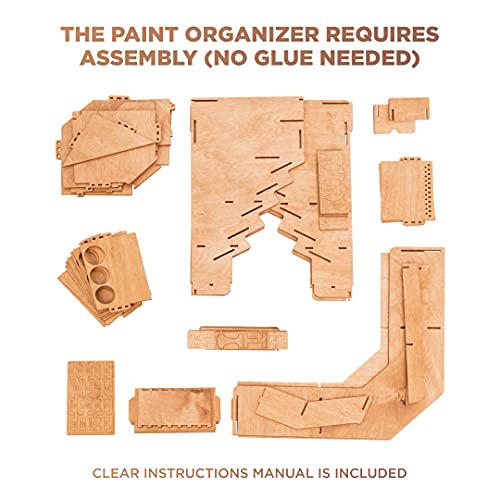 Wooden Corner Paint Organizer - 32 Bottle & 46 Brush Capacity - 6 Miniature Stands & Scene for Photo-Shooting - Brown