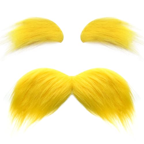 Yellow Mustache and Eyebrows Set: Fake Mustache for Halloween Cosplay World Book Day and Fancy Dress Parties