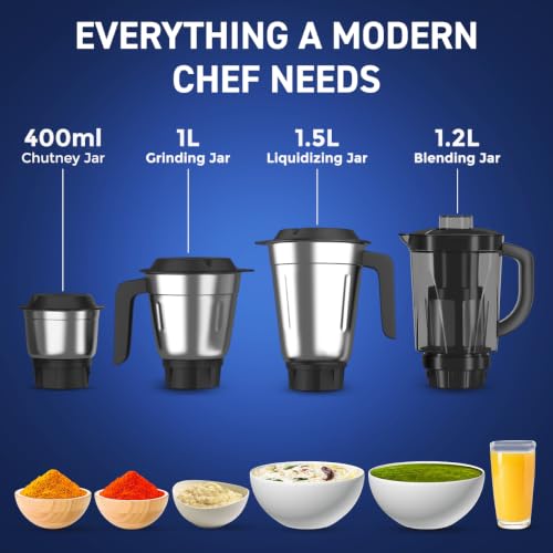 Image of Crompton DX 750W Mixer Grinder with 4 Jars | 3 Stainless Steel Jars & 1L Blending Jar | Elegant, Easy-Clean & Ergonomic Body | Powertron Motor | 2 Years Warranty