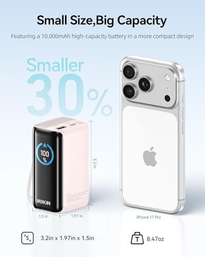 Image of MOKiN Portable Charger with Built-in Retractable USB-C Cable, 45W Fast Charging 10000mAh Power Bank, Compact Travel Battery Pack for iPhone 17 /16, Samsung Galaxy, iPad, Pixel and More