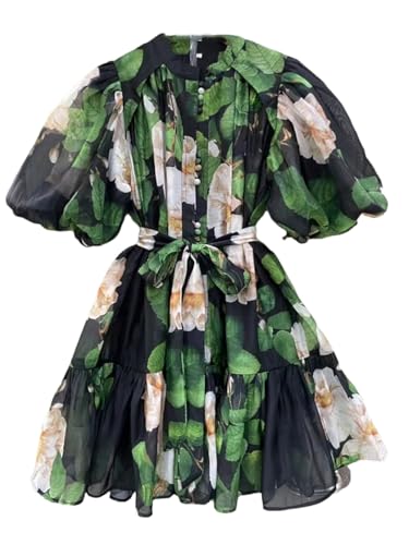 Single Breasted Lace Up Floral Print Dresses for Women Crewneck Short Sleeve High Waist Mini Dress