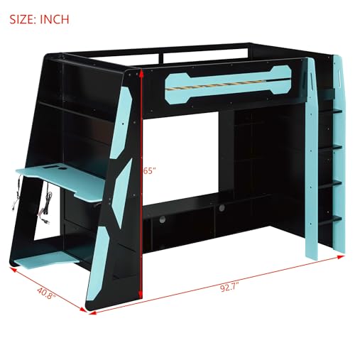 Image of Harper & Bright Designs Twin Size Wood Loft Bed with Desk and Multi-Storage Shelves, Wooden Gaming Loft Bed Frame with RGB Light, Space-Saving Bed with Safety Guardrail, Blue