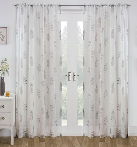 Tyrone Textiles Pair of Bracken Grey Wild Leaf Print Sheer Voile Panels with Sequins 122 CMS