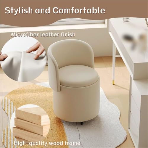 Round Storage Ottoman Foot Stool with Removable Lid Vanity Makeup Chair Foldable Backrest Movable Stool for Living Room Heavy Duty(Beige) - Image 4