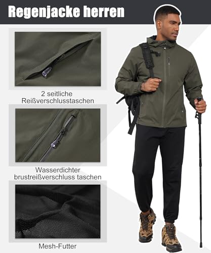 Huayuzh Regenjacke Herren Wasserdicht Leichte Regenmantel Camping Wandern Atmungsaktiv Packbare Softshelljacke mit Kapuze Armee Grün M