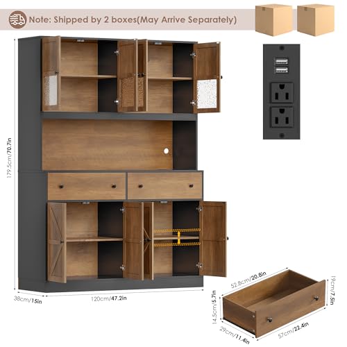 Image of FINETONES 71 inch Pantry Cabinet with LED Light and Charging Station, Farmhouse Kitchen Pantry Cabinet with Microwave Stand, 47.2 inch Wide Kitchen Hutch Food Pantry with Open Countertop, Black /Brown