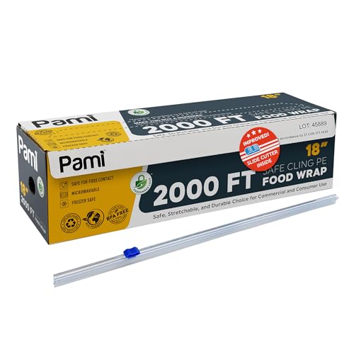 PAMI Plastic Food Wrap 18 x 2000 FT with Slide Cutter Safe Cling Stretch Film BPA Free Microwave & Freezer Safe Durable Food Storage Wrap for Home & Commercial Use