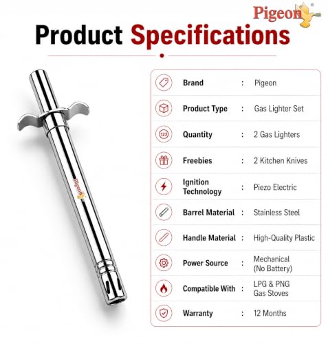 Image of Pigeon Super Gas Lighter Set of 2 with 2 Free Kitchen Knives Worth ₹40 | Piezo Ignition | Stainless Steel Barrel | Long Reach | No Battery Required | LPG & PNG Compatible | 12 Months Warranty