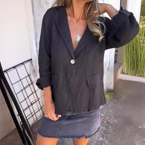 Cotton and Linen Casual Lapel Single-Button Thin Coat, Linen Blazer for Women Lightweight 3/4 Sleeve Summer Lapel Jacket2
