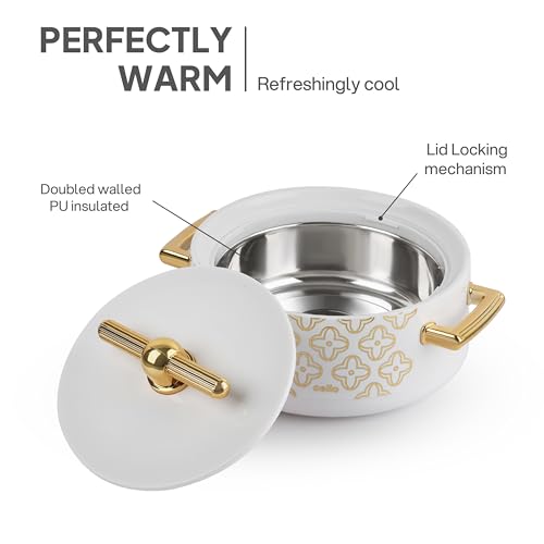 Image of CELLO Jewel NX Insulated Serving Casserole Hot Pot Case for Daily Use 1500 ml, White | Double Wall Insulated Hot & Warm Airtight Roti Chapati Rice Biryani Hot Pot Casserole Box for Kitchen & Gifting