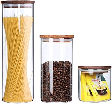 Clear Glass Canisters With Airtight Lids For The Kitchen Glass Food Storage Jars Wood lids Air Tight Dry Food Storage Containers Pasta Spaghetti Loose Tea Cookie Candy Sugar Jars,3 Piece Set