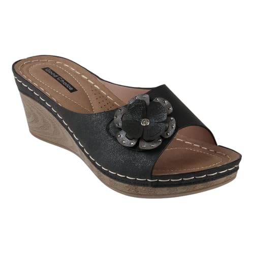 G.C. Shoes Naples Wedge Sandals with Floral Applique and a Cushioned Memory Foam Footbed in a Comfortable Slip-On Design