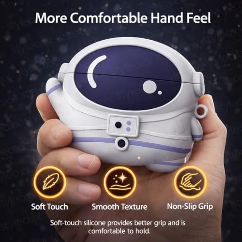 Image of Anvique Silicone Case Cover for Realme Buds T500 Pro, Shockproof Protective Earbuds Cover with Keychain Hook, Anti-Scratch Soft Silicone Skin, Full Body Protection Case (Cartoon Astronaut R)