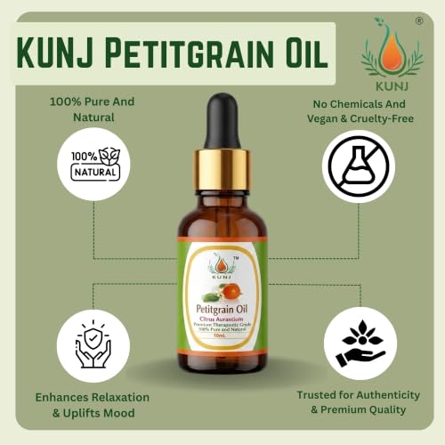Image of KUNJ Petitgrain Essential Oil 10ml - Pure Steam Distilled Citrus aurantium Oil for Aromatherapy, Diffuser, Relaxation, Emotional Balance, Calm Mood, Stress Relief & Skin Care | 100% Natural