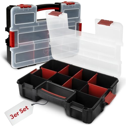 3 x siwitec Sortimentskasten, 10 Fächer und 6 anpassbare Trennstege, stapelbar, Sortimentsbox Kleinteile, Werkzeug Organizer, Kleinteilemagazin, Sortimentskoffer aus Kunststoff 31,5 x 22,5 x 6,4 cm