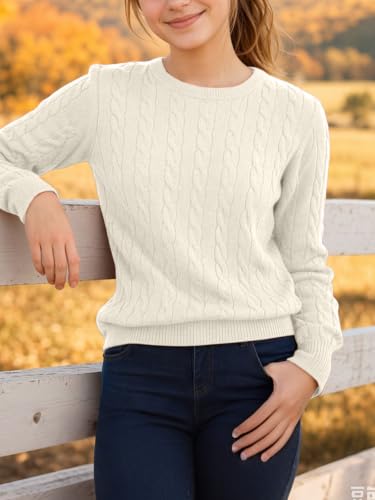 Image of Girls Sweaters Winter Tops Kids School Picture Teen Fashion Long Sleeve Crew Neck Cable Knit Casual Fall Cozy Pullover