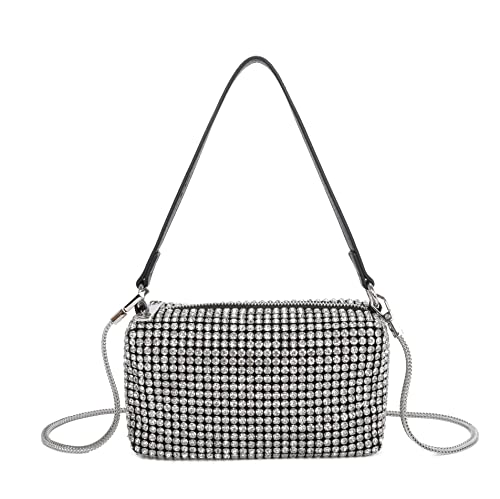 ELIOX Borsa STRASS a Mano e Tracolla da Donna - Borsetta Piccola Elegante - Pochette Da Sera e Cerimonia alla Moda (Argento)