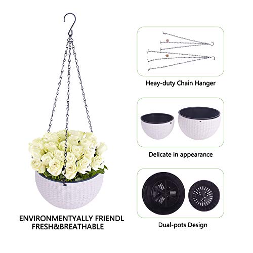 2 Pack Hanging Basket Planters, 2 Size Self-Watering Hanging Planter with Drainer and Chain for Indoor-Outdoor (White)