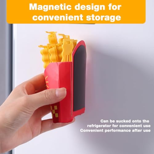 Image of 24 PCS Creative French Fries Snack Sealing Clips with Magnetic Storage Box - Crinkle Design Air-Tight Food Sealer for Kitchen Pouch, Chips, and Dry Fruits - Fridge Magnet Holder (Yellow)