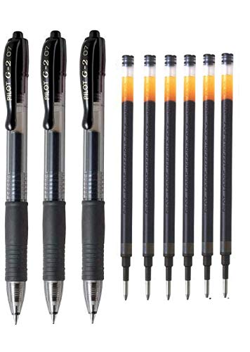 PILOT  3 Bolígrafos BL G2 7 retractil tinta de gel + 6 Repuestos (negro)