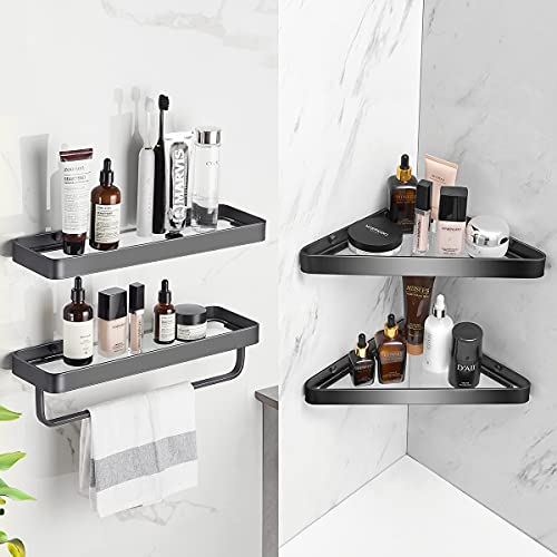 Volpone Corner Shower Shelves Glass Bathroom Corner Organizer Shelf Adhesive And Drill Mounted Shower Caddies Shampoo Holder Rust Free Glass Bathroom Shelves With Aluminum Brackets Black #TOP4