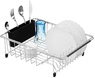 iPEGTOP Expandable Deep & Large Dish Drying Rack with Black Utensil Cutlery Holder, Over The Sink, in Sink Or On Counter Dish Drainer, Rustproof Stainless Steel