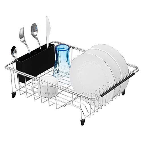 iPEGTOP Expandable Deep & Large Dish Drying Rack with Black Utensil Cutlery Holder, Over The Sink, in Sink Or On Counter Dish Drainer, Rustproof Stainless Steel