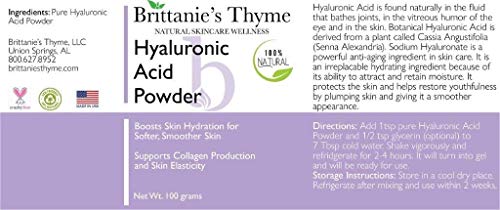 Brittanie's Thyme Pure Hyaluronic Acid Serum Powder, 100 Grams | High Molecular Weight, Cosmetic Grade, 100% Natural, Boosts Skin Hydration For Softer, Smoother Skin #TOP1