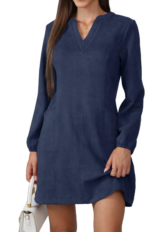 JayscreateEU Damen Kleid Mit Taschen Langarm V-Ausschnitt Herbstkleid Winterkleid Damen Knielang Tunika A Linien Shirtkleid Mit Taschen Langarm Autumn...