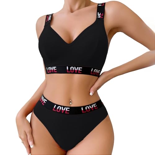 SamHeng Sports Bra and Knickers Set for Women Unpadded Cotton Bralette Brief Set Wire Free Seamless Yoga Fitness Exercise Training Bras Tops, Black/L