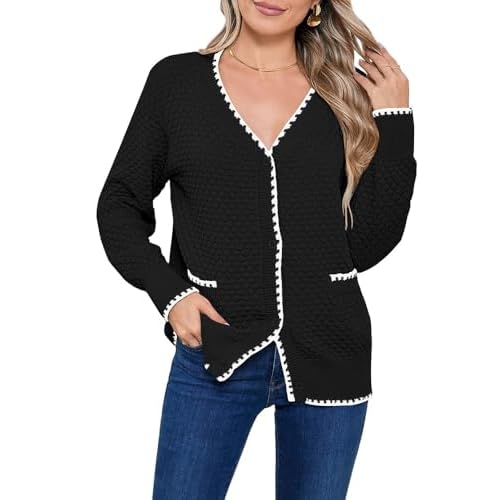 Pink Queen Women's Cropped Cardigan 2024 Long Sleeve V-Neck Button Down Knit Sweater Tops Open Front Lightweight Black Large