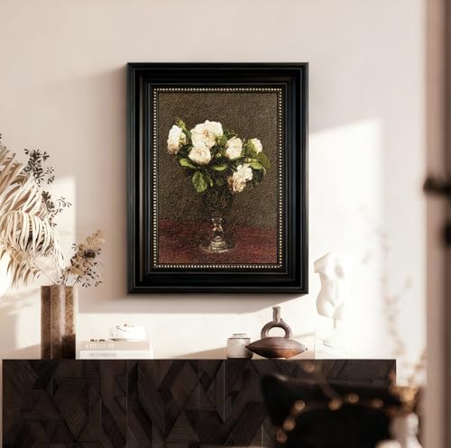 VIYYIEA Vintage Framed Wall Art–16x20In Floral Painting,Elegant Black Frame,White Roses