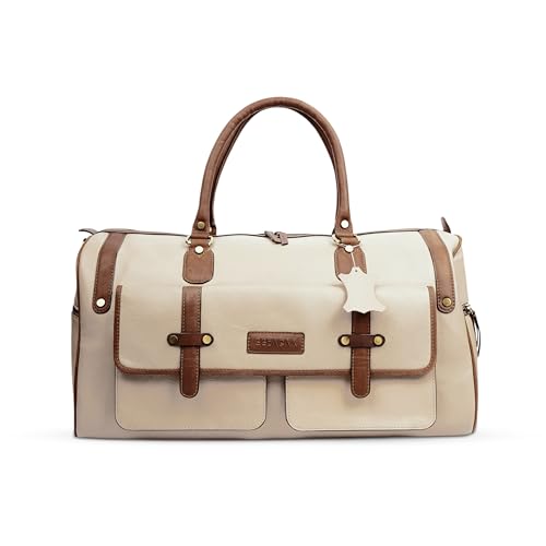 Image of Premium Leather Duffle Bag for Men & Women | Genuine Leather Travel, Gym & Office Bag | Stylish Handcarry & Sling Weekend Cabin Luggage Bag | Cream