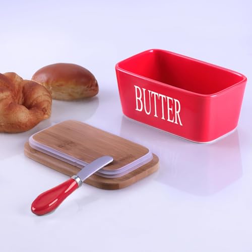 Image of Ceramic Butter Dish with Wooden Lid and Stainless Steel Knife, Large Butter Container Keeper with Bamboo Cover and Silicone Sealing Ring for West and East Coast Butter (Red)